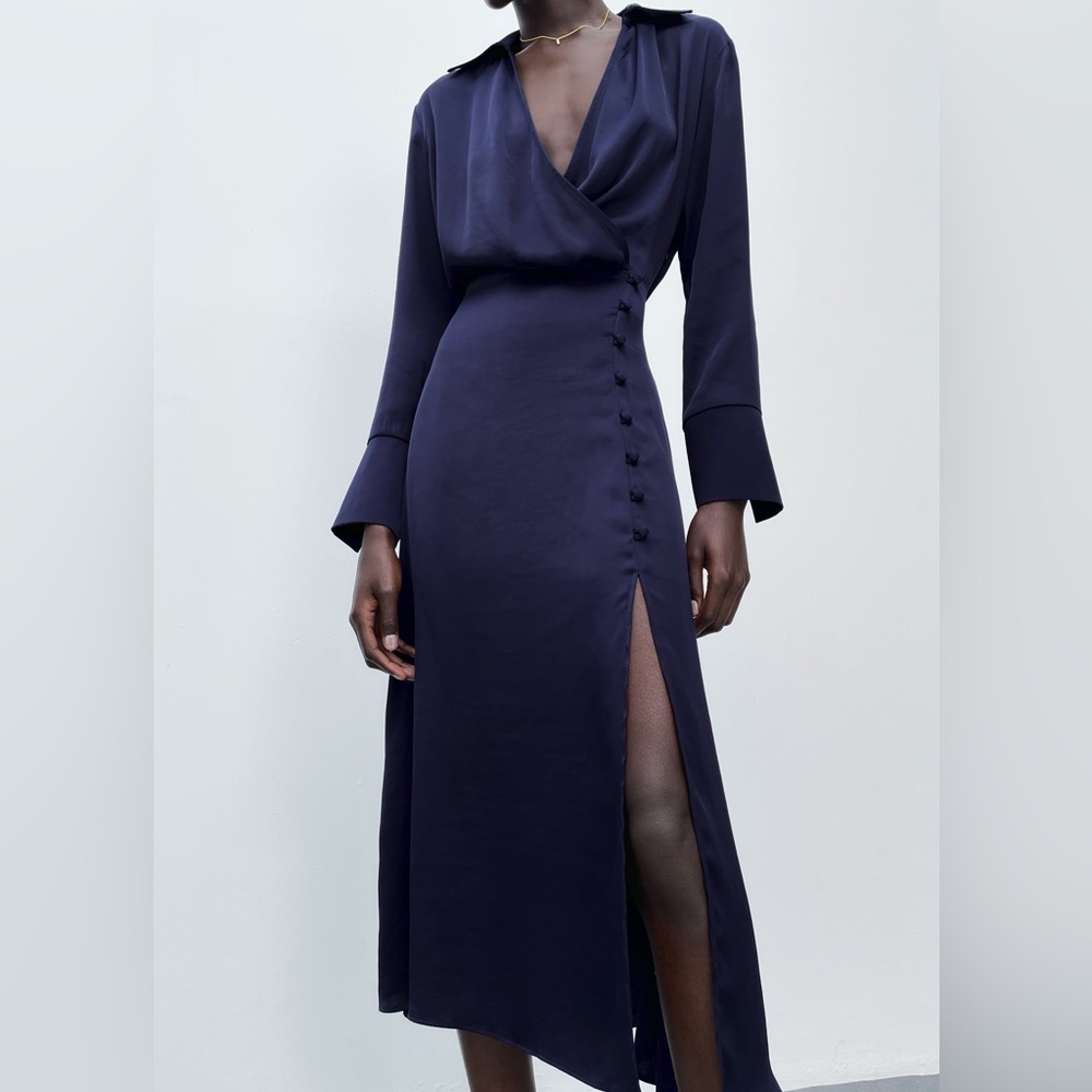 Zara Satin Buttoned Long Sleeve Dress - Small